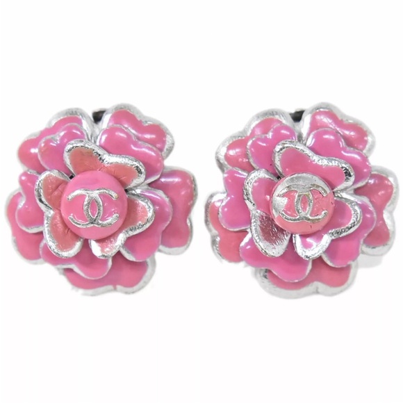CHANEL Camelia CC Pink & Silver-tone Metal Earrings - Picture 1 of 9